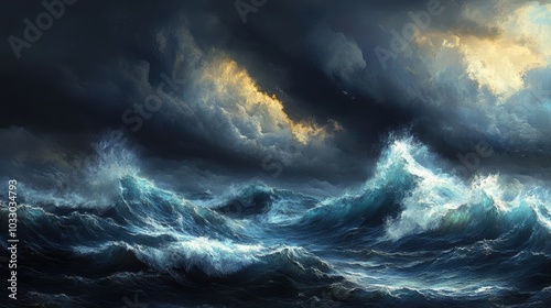 Dark stormy sea with crashing waves.