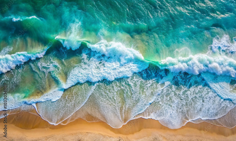 Large turquoise sea waves roll onto the sand Large turquoise sea waves roll onto the sand