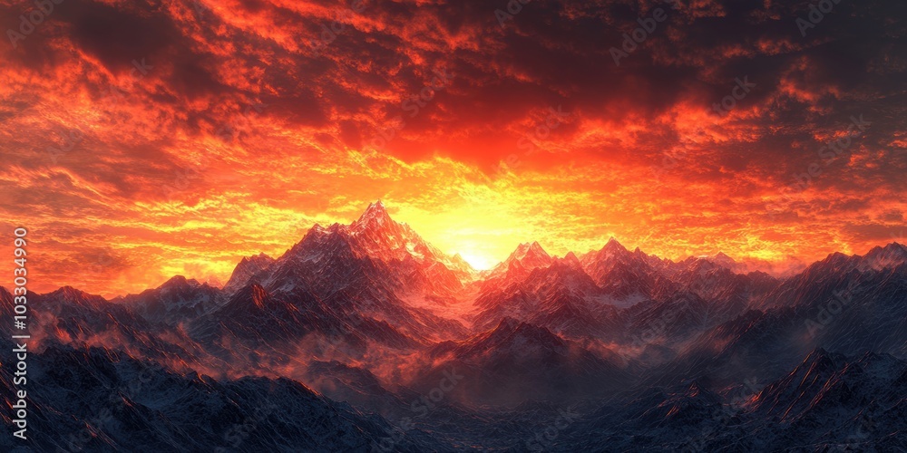 Fototapeta premium Fiery sunset over a mountain range.
