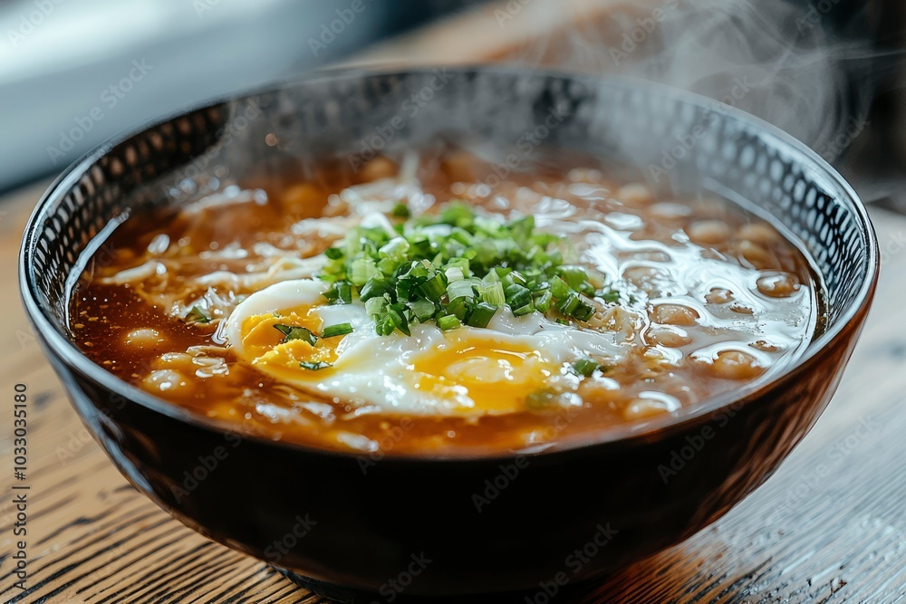 Steaming Bowl of Noodle Soup with Egg and Green Onions Steaming Bowl of Noodle Soup with Egg and Green Onions