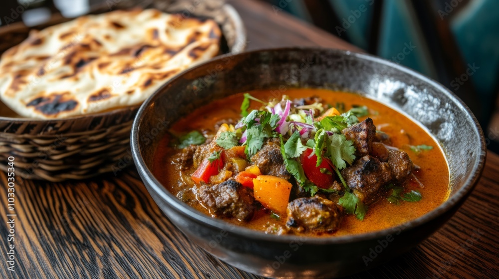 A bowl of rich lamb curry served on a naan basket with colourful side dishes and bright lighting. A bowl of rich lamb curry served on a naan basket with colourful side dishes and bright lighting.