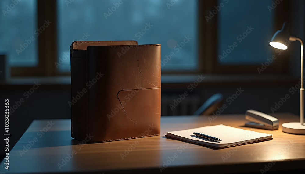 Minimalist office desk with a paper bag and lamp Minimalist office desk with a paper bag and lamp