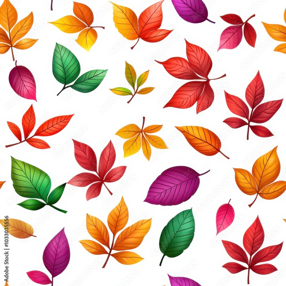 Vibrant Autumn Leaf Seamless Pattern with Colorful Red, Yellow, Green, and Purple Leaves on White Background, Abstract Seasonal Design Vibrant Autumn Leaf Seamless Pattern with Colorful Red, Yellow, Green, and Purple Leaves on White Background, Abstract Seasonal Design