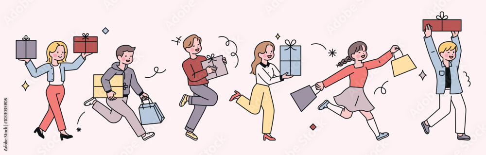 People are walking excitedly carrying gift boxes and shopping bags. outline cute people. 