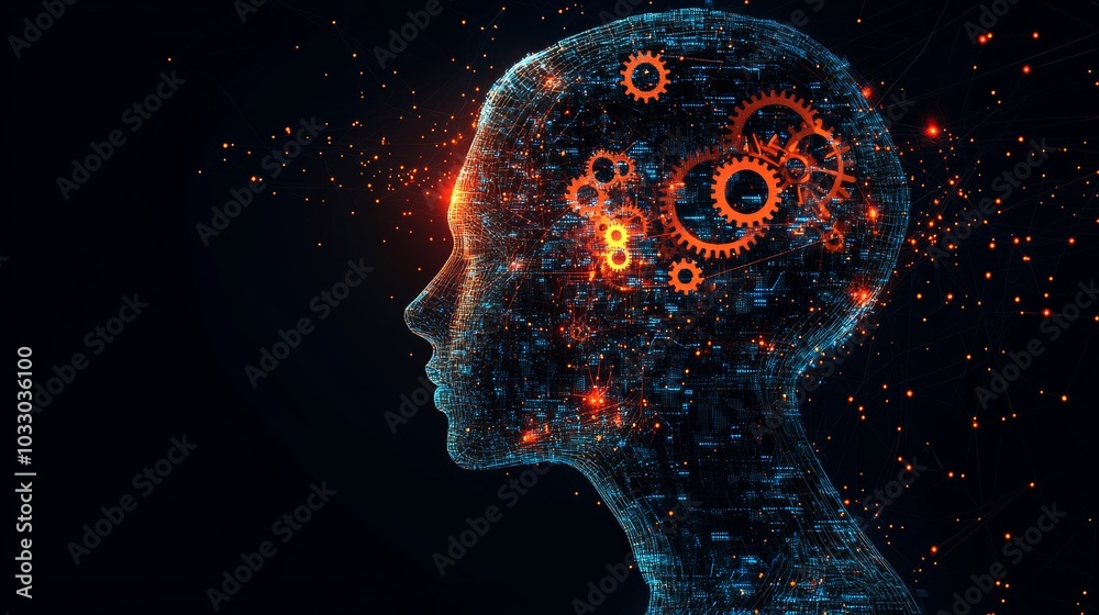 A silhouette of a human head with gears inside, transforming into a network of digital data, representing innovation through the union of thought and technology A silhouette of a human head with gears inside, transforming into a network of digital data, representing innovation through the union of thought and technology
