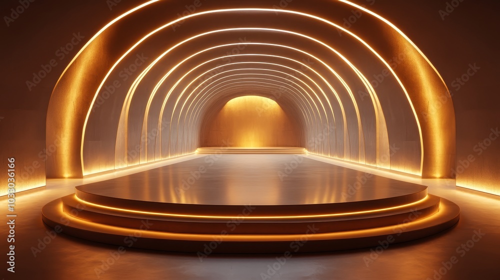 Obraz premium A sleek, glowing room with golden light and minimalist geometry. Lines of light surround the stage in the center, creating a dynamic focal point