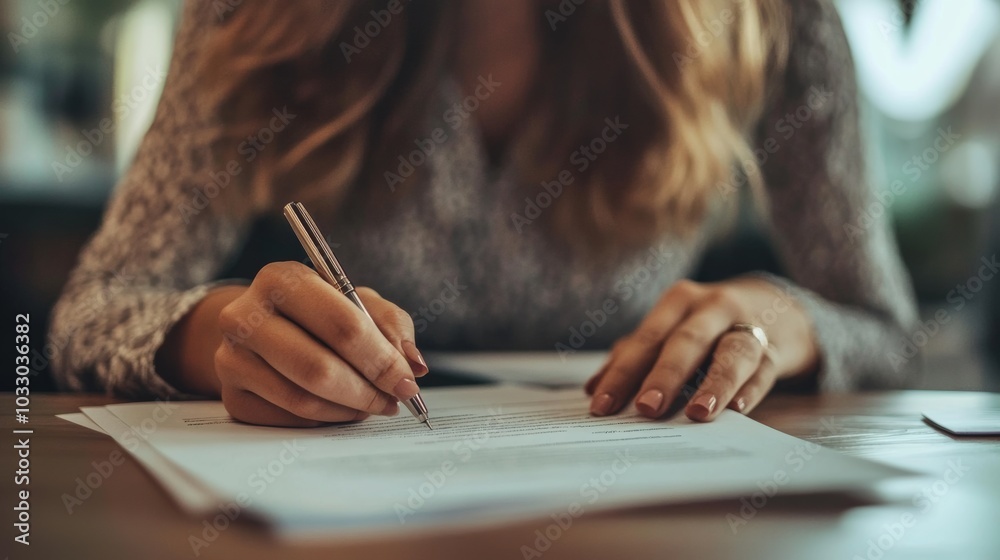 Businesswoman signing partnership contract with pen, legal document and handshake to seal the deal. Businesswoman signing partnership contract with pen, legal document and handshake to seal the deal.