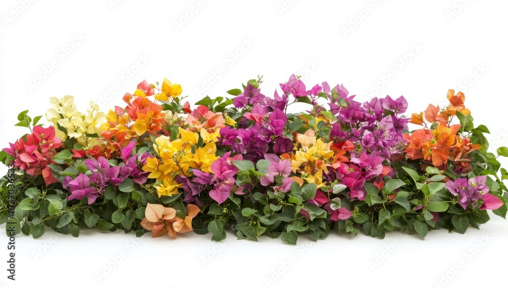 A vibrant collection of colorful bougainvillea flowers, showcasing pink, purple, yellow, and orange hues, set against a crisp white background. A vibrant collection of colorful bougainvillea flowers, showcasing pink, purple, yellow, and orange hues, set against a crisp white background.