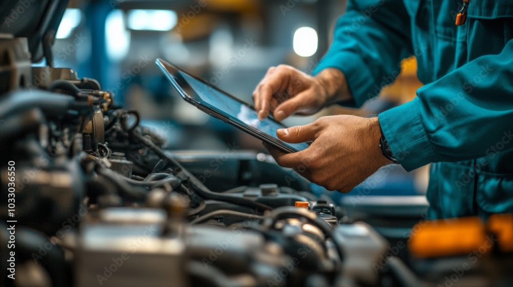 A close-up of a mechanic hands using a tablet to troubleshoot diesel engine issues, with the engine open and tools nearby A close-up of a mechanic hands using a tablet to troubleshoot diesel engine issues, with the engine open and tools nearby