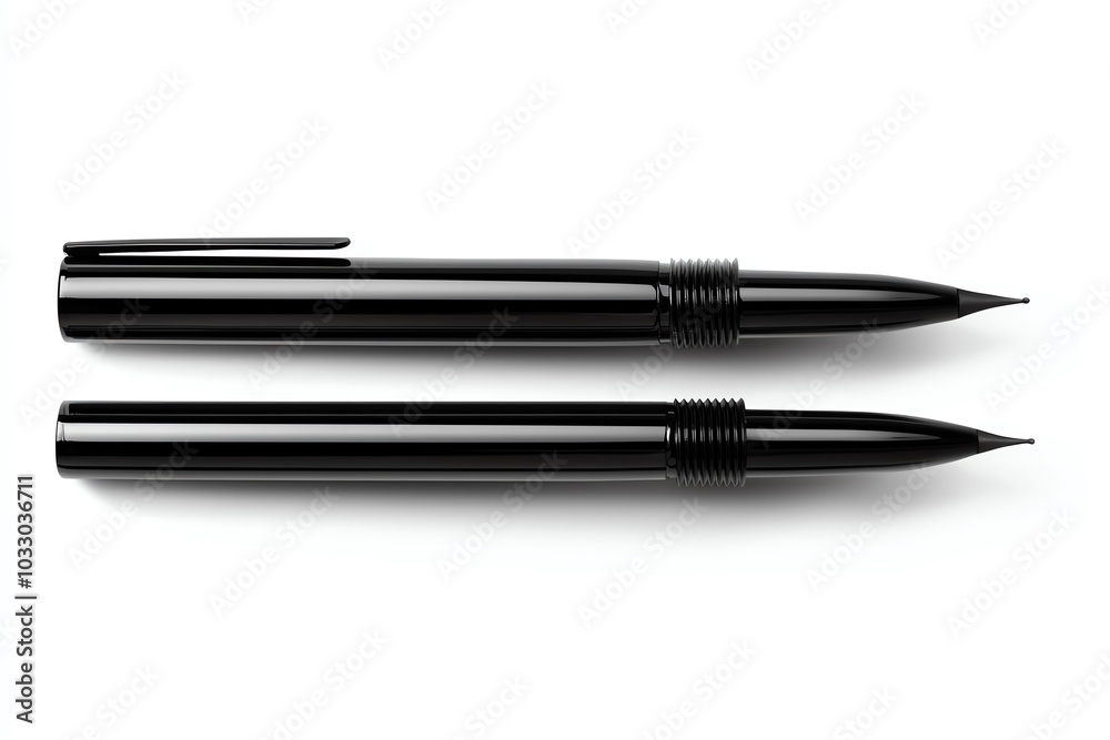 Two sleek black pens on a white isolate background. Two sleek black pens on a white isolate background.