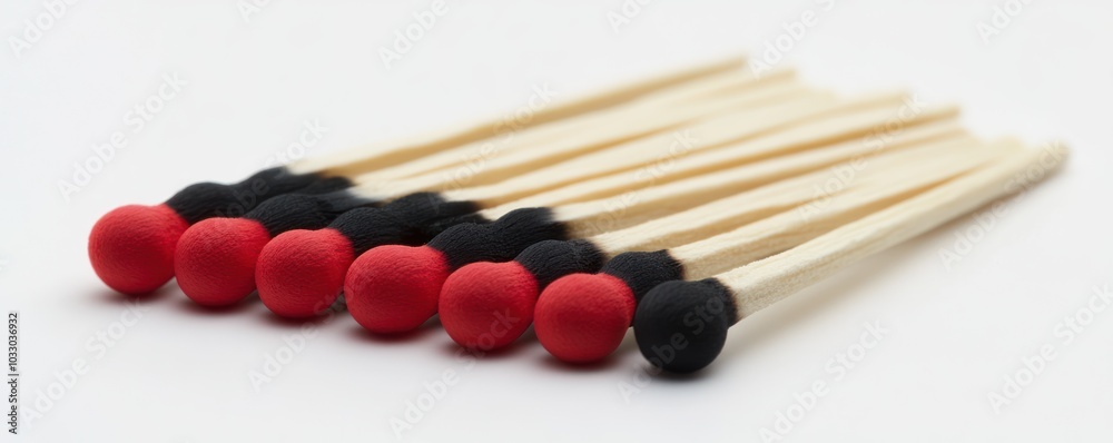 Close-Up of Red and Black Tipped Matches in a Row on White Background Close-Up of Red and Black Tipped Matches in a Row on White Background