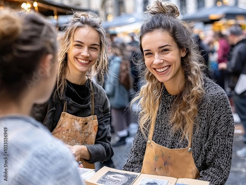 An artist showcasing their work at a local market, engaging with potential buyers and discussing their creative process photo