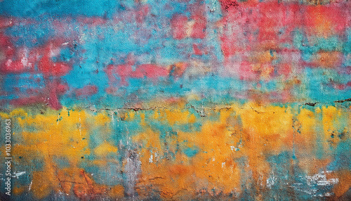 Vibrant hues dance on a weathered wall, creating a captivating abstract masterpiece. Colors blend seamlessly, telling a story of time and texture.