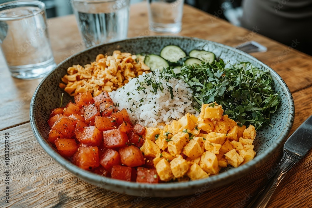 Close-up of a colorful and delicious poke bowl with various ingredients Close-up of a colorful and delicious poke bowl with various ingredients