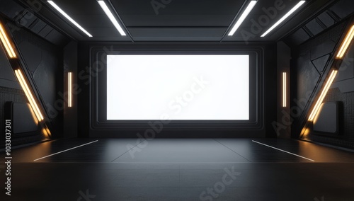 Futuristic room with blank screen and glowing lights.