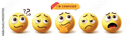 Emoji confused emoticon characters vector set. Emoticons thinking, ponder, accountable, ambiguous and unclear facial expressions emojis character collection. Vector illustration confused reaction 