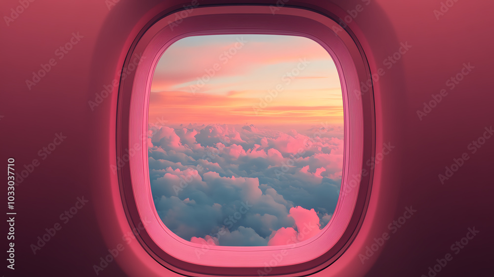 View of colorful clouds framed by an airplane window during sunset, showcasing a vibrant sky filled with hues of pink and orange. View of colorful clouds framed by an airplane window during sunset, showcasing a vibrant sky filled with hues of pink and orange.