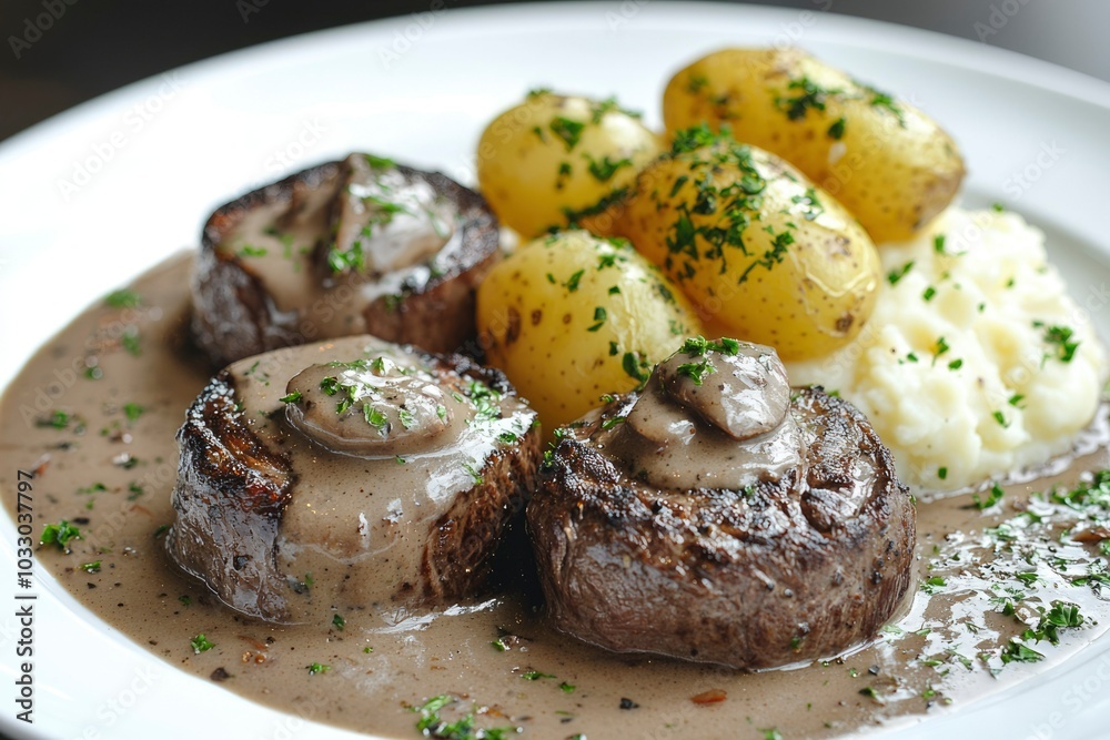 Beef medallions with mushroom sauce, mashed potatoes, and roasted potatoes Beef medallions with mushroom sauce, mashed potatoes, and roasted potatoes