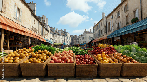 Vibrant outdoor market scene showcasing an array of fresh fruits and vegetables in rustic wooden crates beneath a bright blue sky. photo