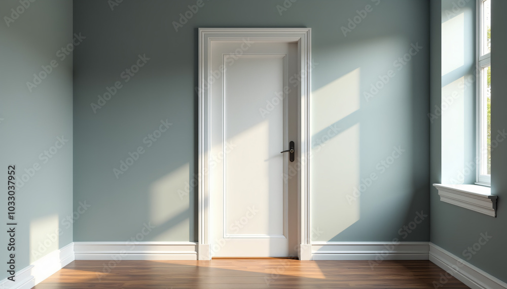 Empty minimalist room with a single door and soft lighting Empty minimalist room with a single door and soft lighting