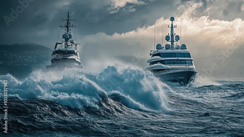Two yachts navigate choppy waters.