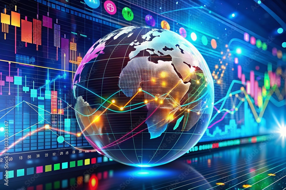 3D Earth Globe with Economic Trends and Charts for Global Business Insights 3D Earth Globe with Economic Trends and Charts for Global Business Insights