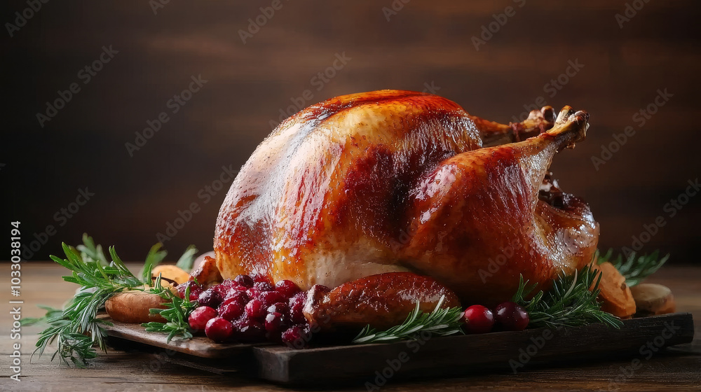 Juicy roasted turkey with golden brown skin, garnished with cranberries and herbs, perfect for festive occasions.