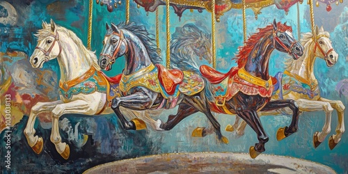 Colorful painting of carousel horses.