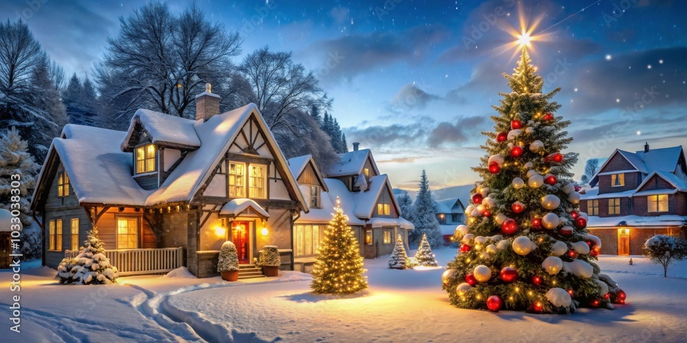 Snowy scene with traditional houses and a decorated Christmas tree in the front yard , winter, holiday, festive, cold