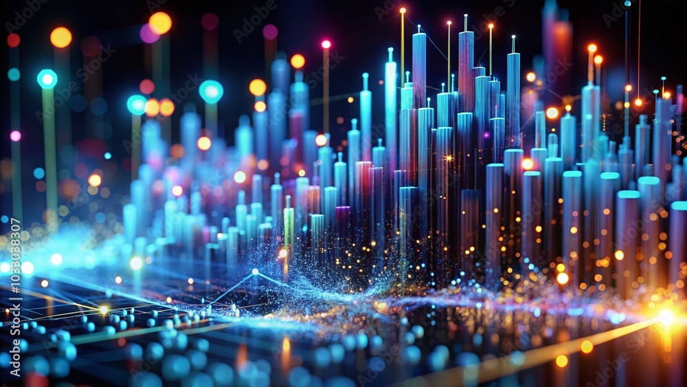 3D Render Data Visualization with Glow Elements and Particles in Technology Background 3D Render Data Visualization with Glow Elements and Particles in Technology Background