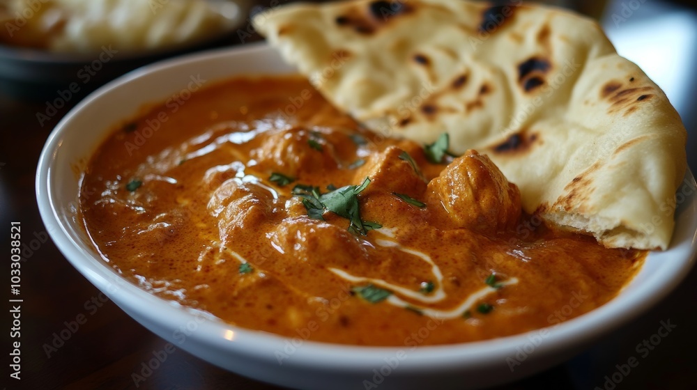 A close-up of butter chicken curry, with naan bread dipping into the rich sauce, emphasizing creamy textures and vibrant colors A close-up of butter chicken curry, with naan bread dipping into the rich sauce, emphasizing creamy textures and vibrant colors