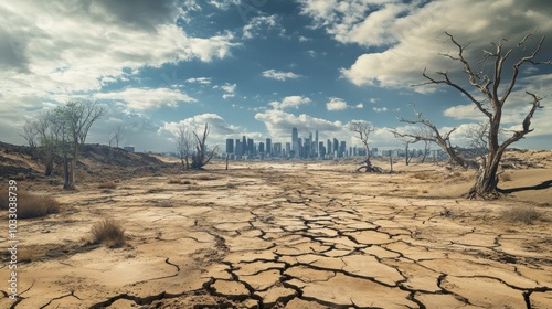 Barren landscape, cracked earth, city skyline.