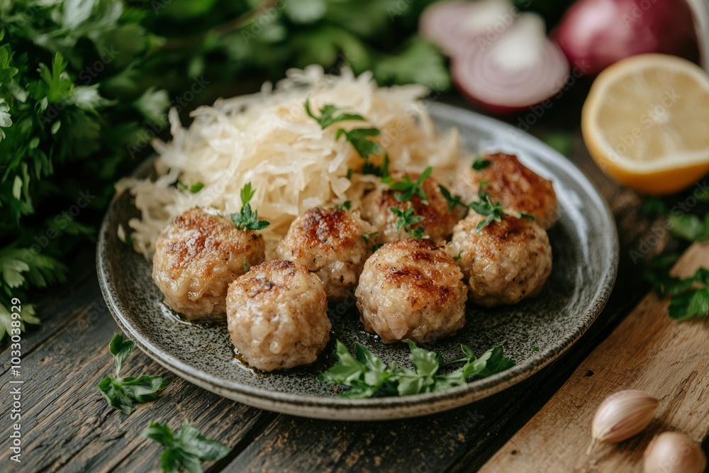 Fried Meatballs with Sauerkraut and Parsley on a Plate Fried Meatballs with Sauerkraut and Parsley on a Plate