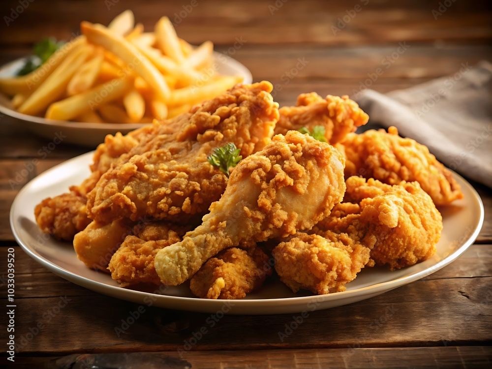 Broasted fried chicken accompanied by golden fries, Generative AI Broasted fried chicken accompanied by golden fries, Generative AI