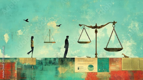 A conceptual business ethics illustration showing the decision-making process, with scales weighing profit against integrity and moral values