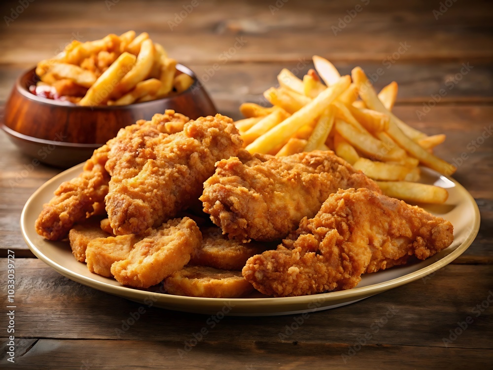Broasted fried chicken accompanied by golden fries, Generative AI Broasted fried chicken accompanied by golden fries, Generative AI