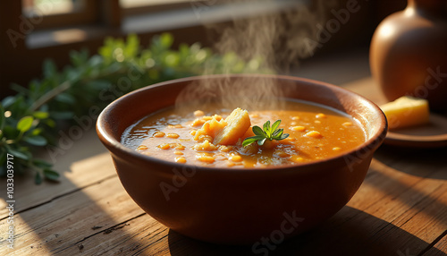 Hot soup in a wooden bowl served with fresh herbs