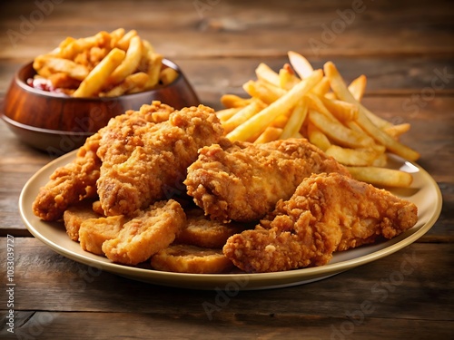 Broasted fried chicken accompanied by golden fries, Generative AI photo