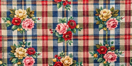 Plaid fabric with floral print textured background, plaid, fabric, floral, print, textured, background, pattern, design
