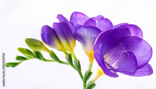 Freesia purple on white background isolated. Beautiful flower.
