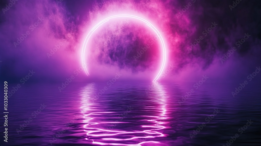 Dark neon background. Reflection of light circle on the water. Smoke fog. Light neon effect, energy waves on a dark abstract background. Laser neon show. Smoke, fog. Dark neon background. Reflection of light circle on the water. Smoke fog. Light neon effect, energy waves on a dark abstract background. Laser neon show. Smoke, fog.