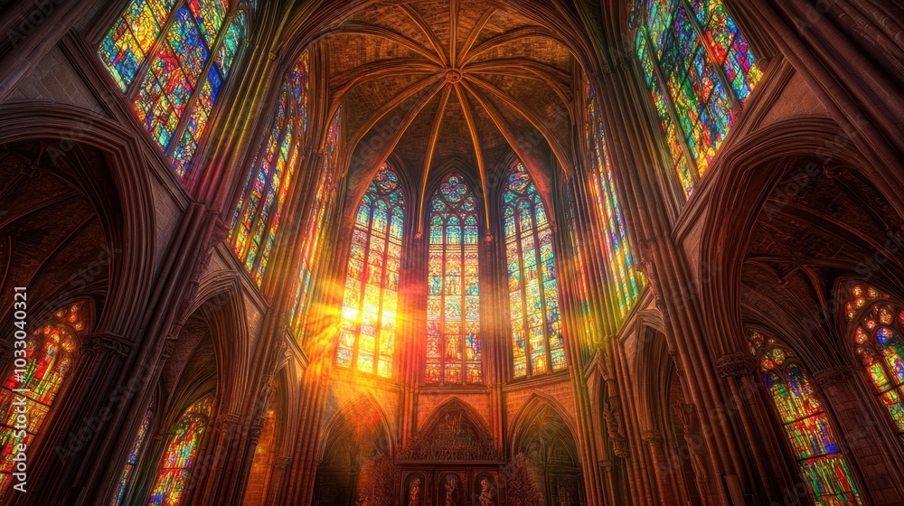 Fototapeta premium Sunlit stained glass windows in a cathedral.