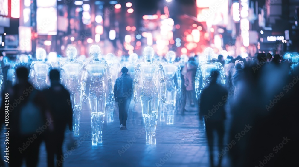 Silhouettes walk past glowing robotic figures. Silhouettes walk past glowing robotic figures.