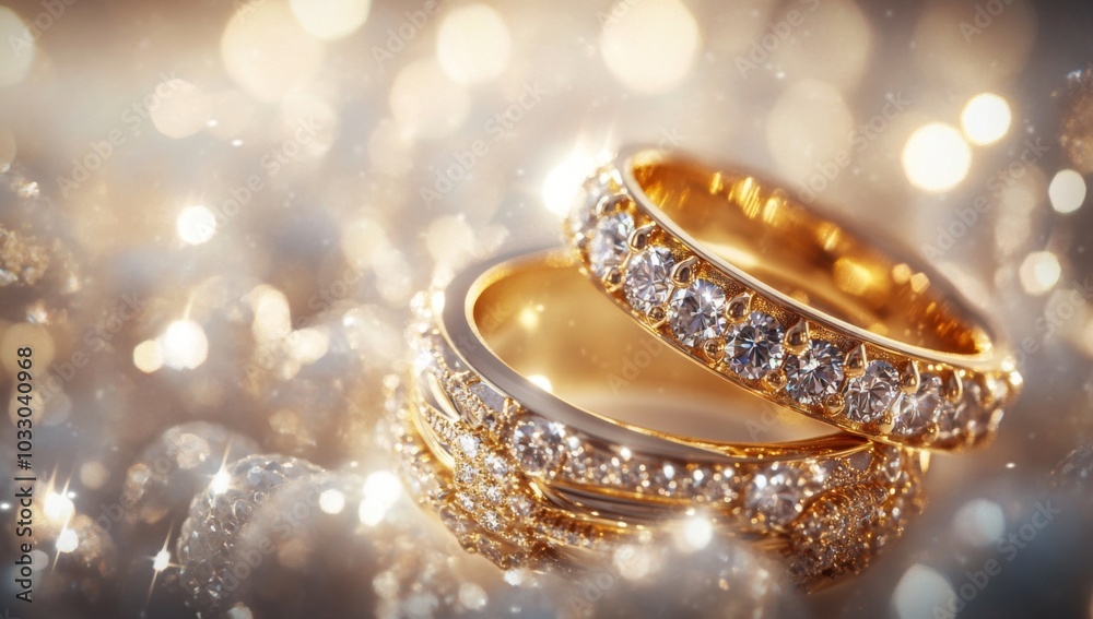 Two gleaming gold wedding bands with diamonds, resting on a sparkling white background. Two gleaming gold wedding bands with diamonds, resting on a sparkling white background.