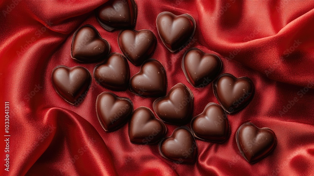 Heart-Shaped Chocolate on Red Satin Fabric Heart-Shaped Chocolate on Red Satin Fabric