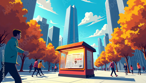 Autumn day in the city with colorful trees and skyscrapers