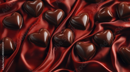 Heart-Shaped Chocolates on Red Satin Fabric