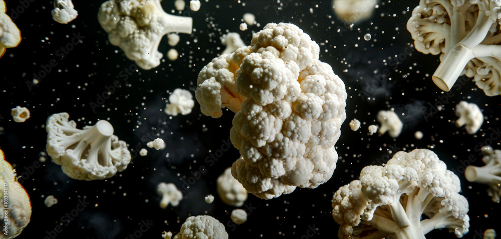 Close-up of cauliflower pieces hanging in the air on a black background. A natural organic healthy product. A vegan diet. A delicious snack. Food Close-up of cauliflower pieces hanging in the air on a black background. A natural organic healthy product. A vegan diet. A delicious snack. Food