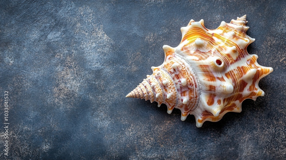 Sea shell on a dark background. Nautical theme. Top view travel or vacation concept. Copy space Sea shell on a dark background. Nautical theme. Top view travel or vacation concept. Copy space