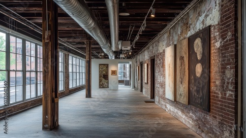 Industrial gallery with exposed brick and artwork.